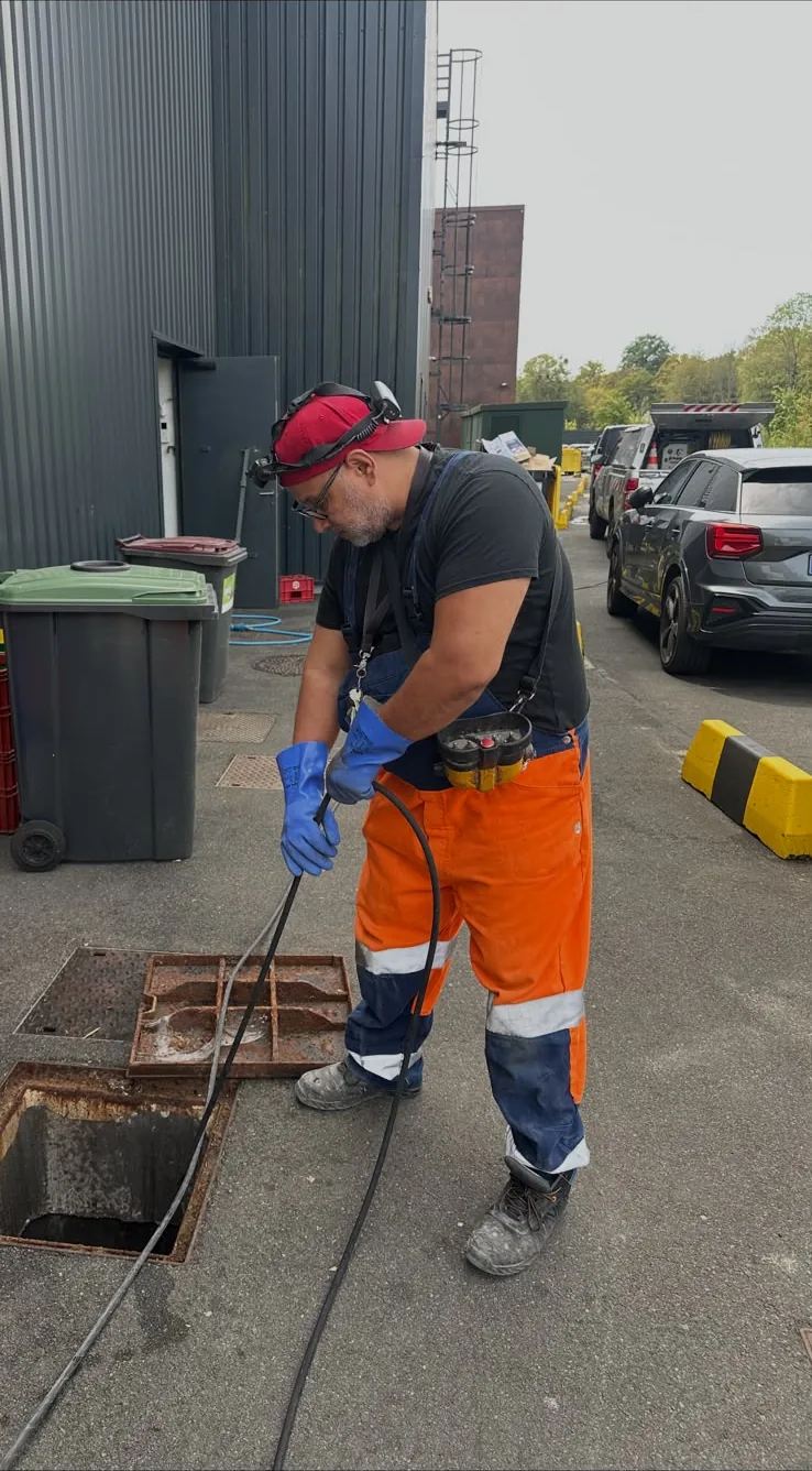 Technicien 3D Assainissement réalisant le curage haute pression de la canalisation d'un restaurant à Claye-Souilly avec le camion hydrocureur